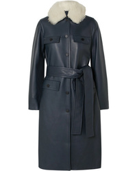 Женское темно-синее кожаное пальто от Yves Salomon