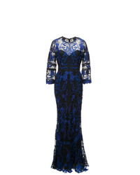 Темно-синее кружевное вечернее платье с геометрическим рисунком от Marchesa Notte