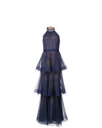 Темно-синее кружевное вечернее платье со складками