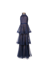 Темно-синее кружевное вечернее платье со складками от Marchesa Notte