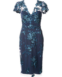 Темно-синее кружевное платье-миди с цветочным принтом
