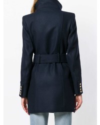 Женское темно-синее пальто с украшением от Balmain