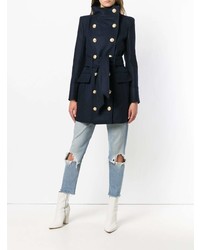 Женское темно-синее пальто с украшением от Balmain