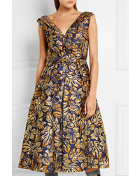Темно-синее платье-миди с цветочным принтом от Prada