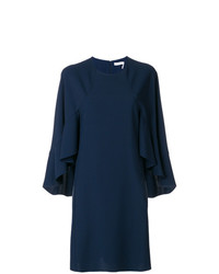Темно-синее платье прямого кроя с рюшами от Chloé