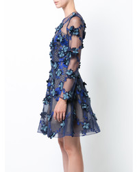 Темно-синее платье с пышной юбкой с цветочным принтом от Marchesa Notte