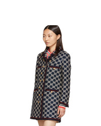 Женское темно-синее твидовое пальто с вышивкой от Gucci