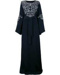 Темно-синее шелковое вечернее платье с вышивкой