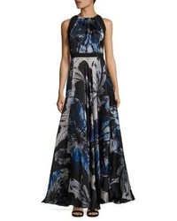 Темно-синее шелковое вечернее платье с цветочным принтом