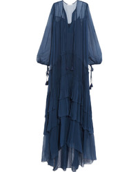 Темно-синее шелковое платье-макси от Chloé