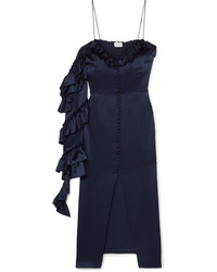 Темно-синее шелковое платье-миди с рюшами от Magda Butrym