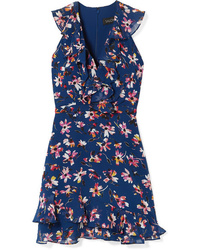 Темно-синее шелковое платье прямого кроя с цветочным принтом
