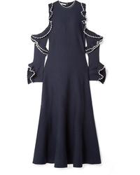 Темно-синее шерстяное платье-миди с рюшами от Oscar de la Renta