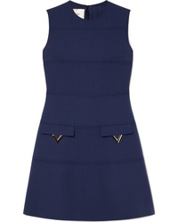 Темно-синее шерстяное платье прямого кроя с украшением от Valentino