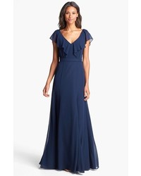 Темно-синее шифоновое вечернее платье