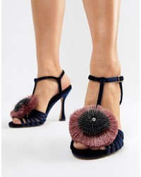 Темно-синие бархатные босоножки на каблуке с украшением от ASOS DESIGN