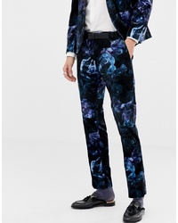 Темно-синие бархатные классические брюки с цветочным принтом