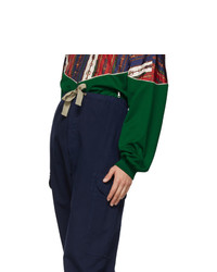 Темно-синие брюки карго с узором "в ёлочку" от Gucci