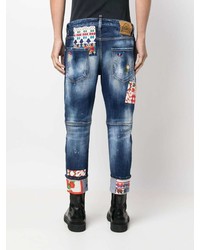 Мужские темно-синие джинсы в стиле пэчворк от DSQUARED2