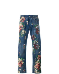 Мужские темно-синие джинсы с цветочным принтом от Gucci