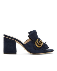 Темно-синие замшевые босоножки на каблуке от Gucci