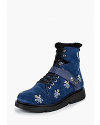 Женские темно-синие замшевые ботинки на шнуровке с вышивкой от Grand Style