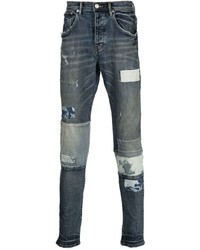 Мужские темно-синие зауженные джинсы в стиле пэчворк от purple brand