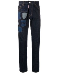 Темно-синие зауженные джинсы с вышивкой