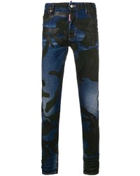 Темно-синие зауженные джинсы с камуфляжным принтом