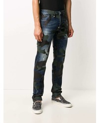 Мужские темно-синие зауженные джинсы с камуфляжным принтом от Philipp Plein