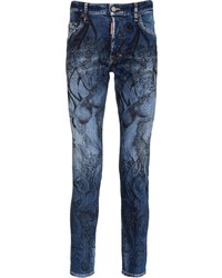 Мужские темно-синие зауженные джинсы с принтом от DSQUARED2
