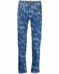 Мужские темно-синие зауженные джинсы с принтом от VERSACE JEANS COUTURE