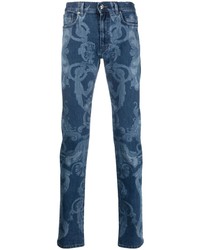 Мужские темно-синие зауженные джинсы с принтом от Versace