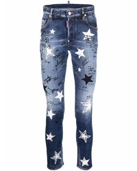 Мужские темно-синие зауженные джинсы со звездами от DSQUARED2