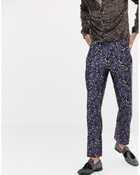Мужские темно-синие классические брюки с цветочным принтом от Twisted Tailor
