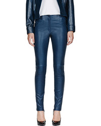 Темно-синие кожаные узкие брюки от Thierry Mugler