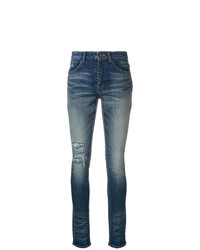 Темно-синие рваные джинсы скинни от Saint Laurent