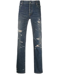 Мужские темно-синие рваные зауженные джинсы от Balmain