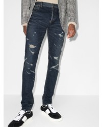 Мужские темно-синие рваные зауженные джинсы от Balmain