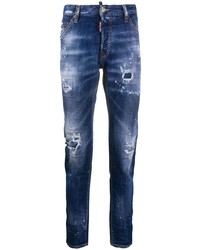 Мужские темно-синие рваные зауженные джинсы от DSQUARED2