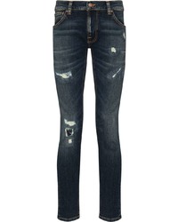Мужские темно-синие рваные зауженные джинсы от Nudie Jeans
