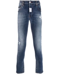 Мужские темно-синие рваные зауженные джинсы от Philipp Plein