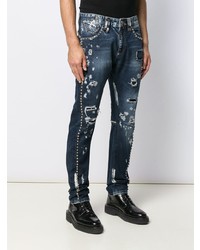 Мужские темно-синие рваные зауженные джинсы от Philipp Plein