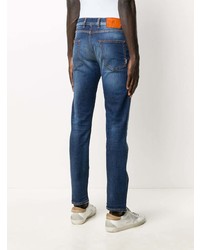 Мужские темно-синие рваные зауженные джинсы от Pt01