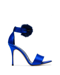 Темно-синие сатиновые босоножки на каблуке от Manolo Blahnik