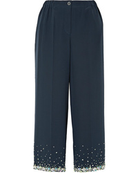 Темно-синие шелковые широкие брюки с украшением от Miu Miu