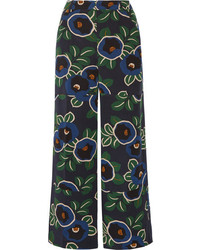 Темно-синие шелковые широкие брюки с цветочным принтом от Tory Burch