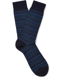 Мужские темно-синие шерстяные носки в горизонтальную полоску от Pantherella
