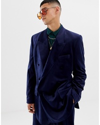 Мужской темно-синий бархатный двубортный пиджак от ASOS DESIGN