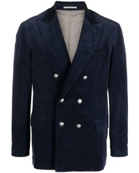 Мужской темно-синий бархатный двубортный пиджак от Brunello Cucinelli